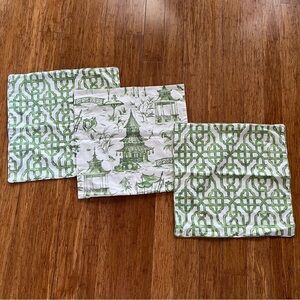 Custom Made Green Chinoiserie & Lattice Outdoor Pillow Covers - Set of 3
